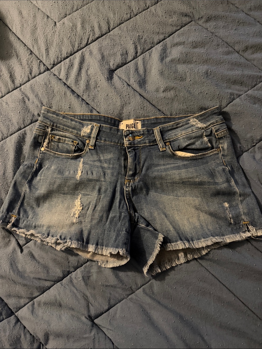 PAIGE Frayed Distressed Denim Shorts - Blue